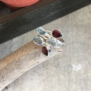 Blue Topaz & Red Garnet Ring Size 8 Sterling Silver